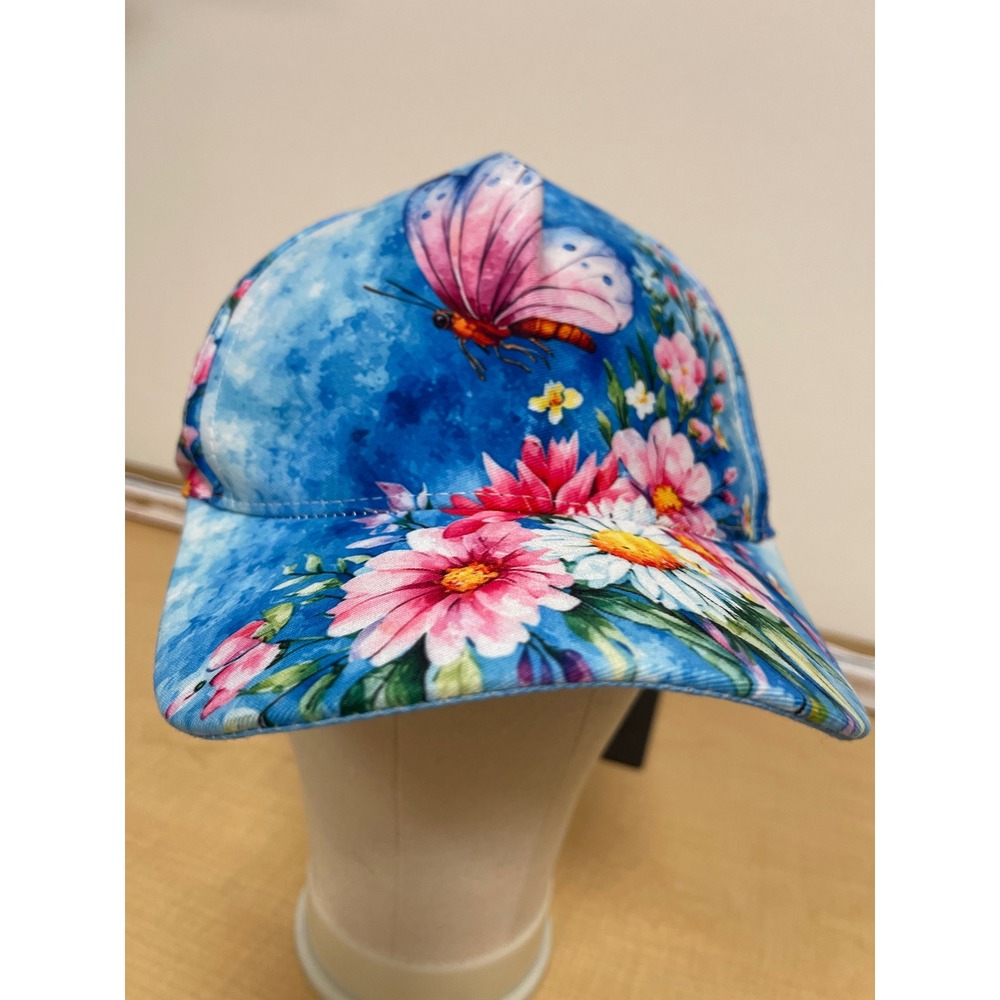 Pink Butterfly and Floral Print Blue Baseball Cap Adjustable Snapback Hat